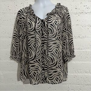 East 5th Womens Top PXL Cream Black Zebra Print Semi Sheer 3/4 Sleeve AP12